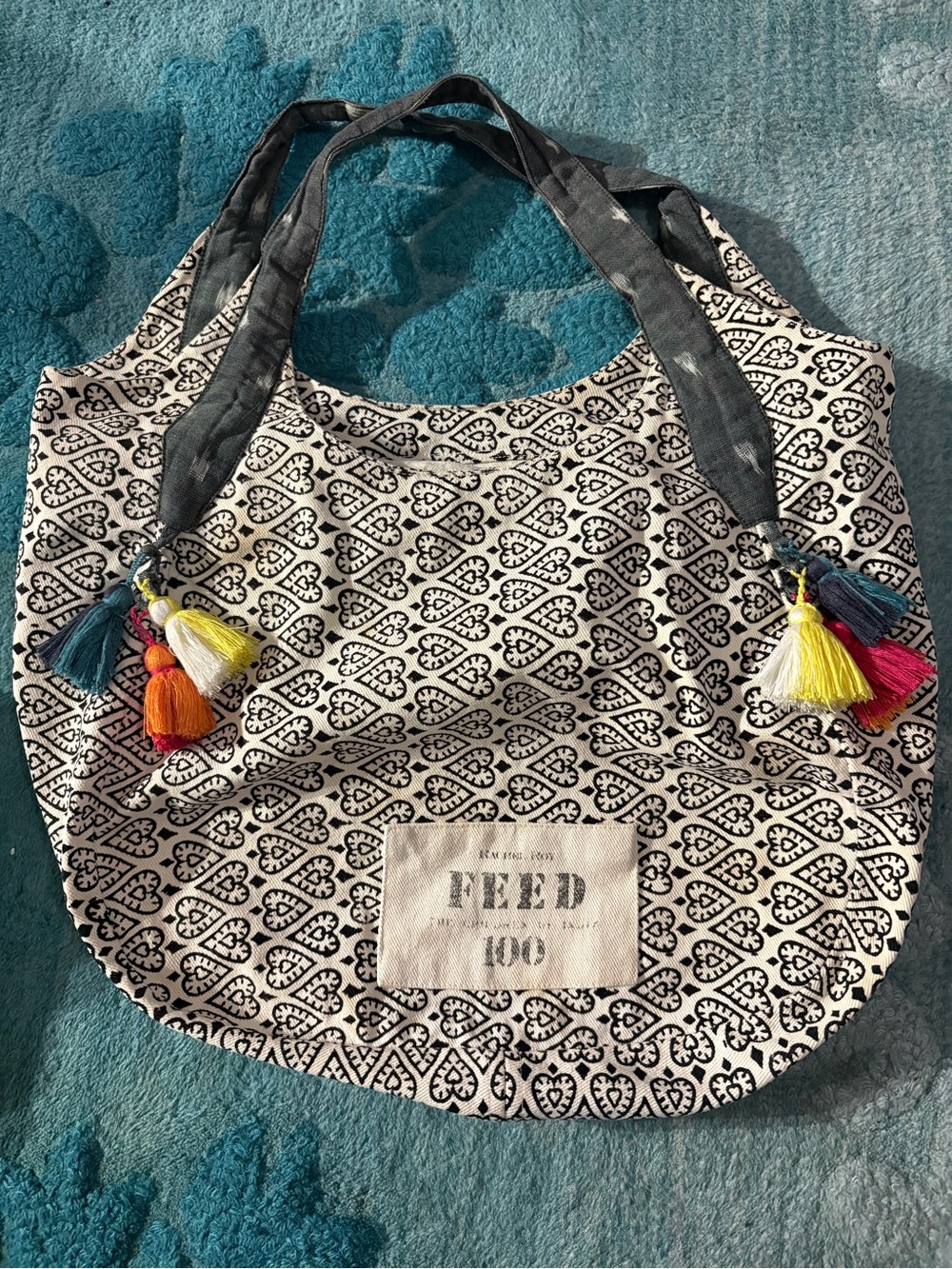 FEED Black & White Patterned Canvas Tote with Colorful Tassels
